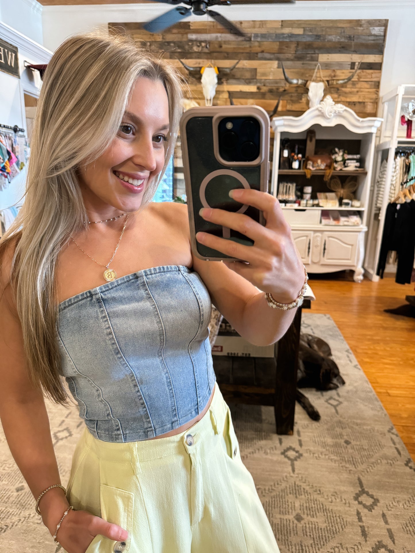 Medium Wash Denim Strapless Top