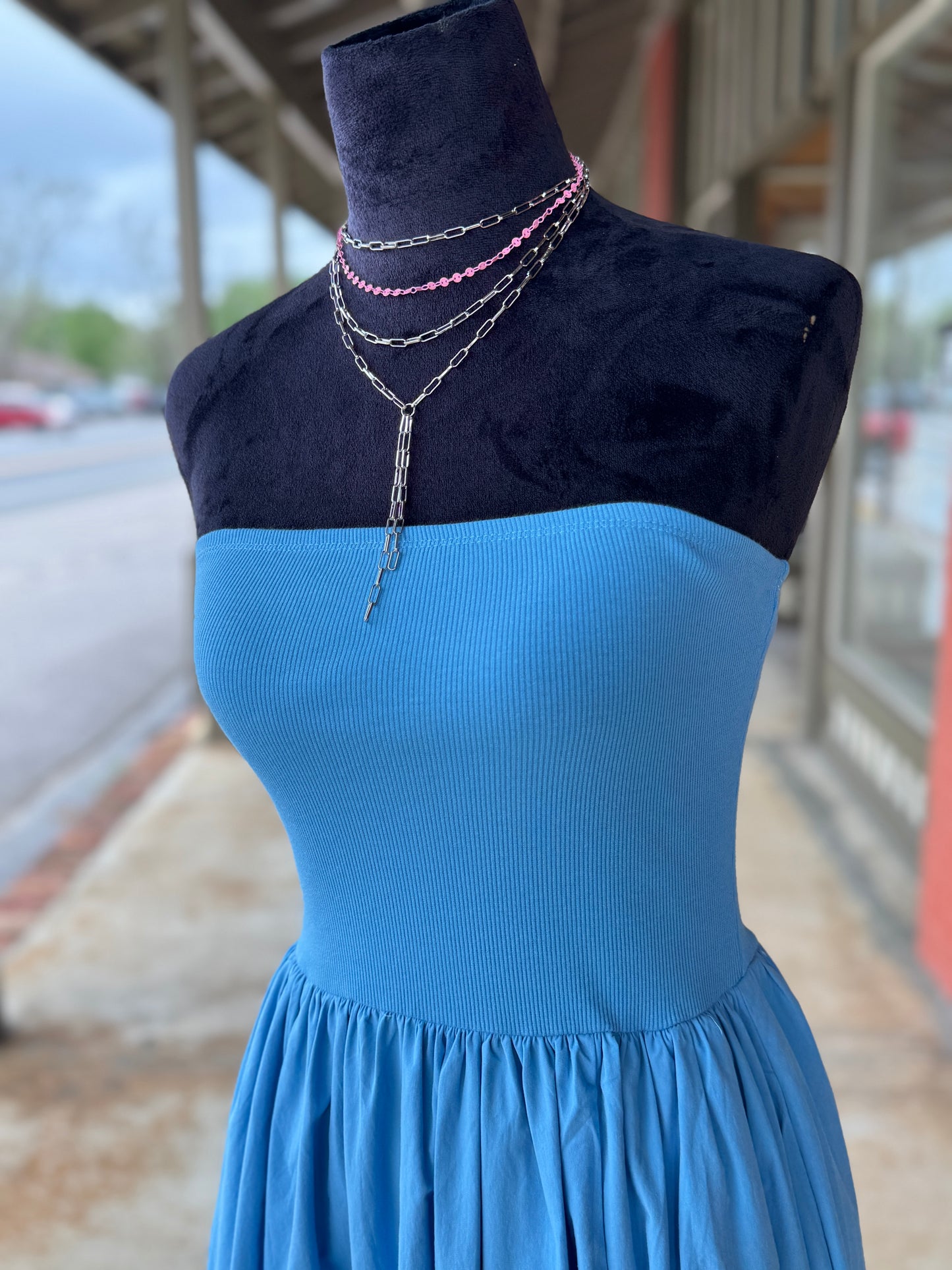Blue Strapless Midi Dress