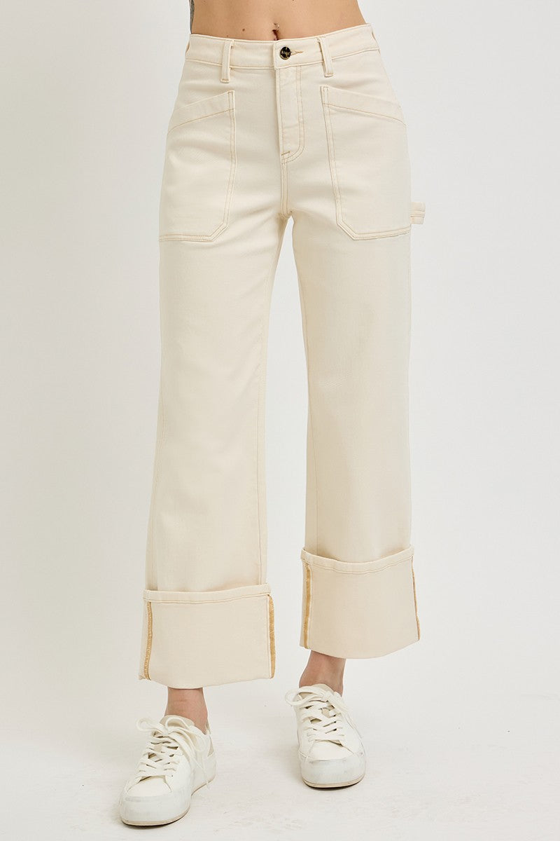 Risen Ivory High Rise Wide Straight Cuff Denim