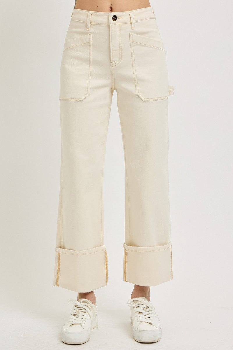 Risen Ivory High Rise Wide Straight Cuff Denim