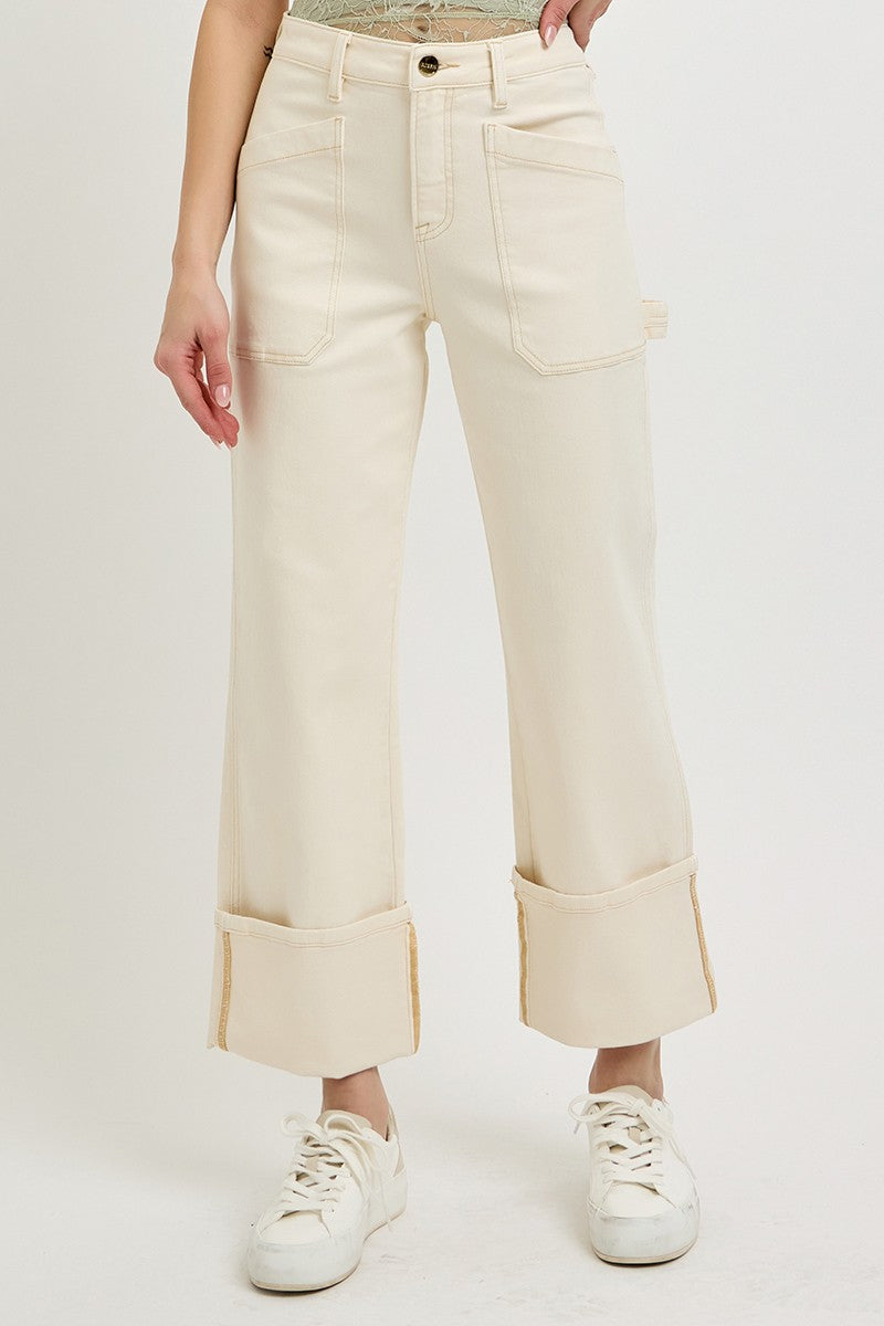 Risen Ivory High Rise Wide Straight Cuff Denim