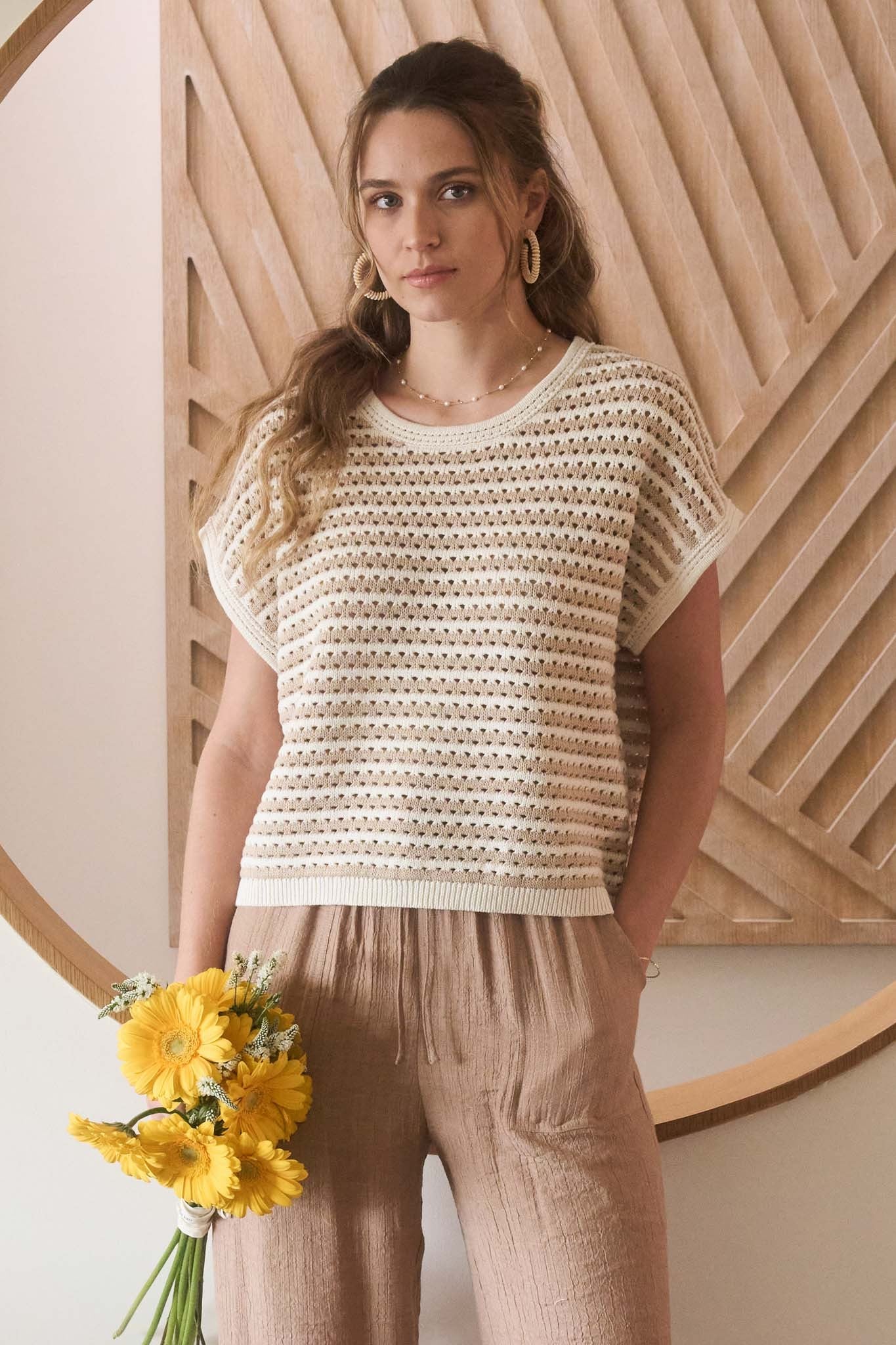 Cream Stripe Knit Top