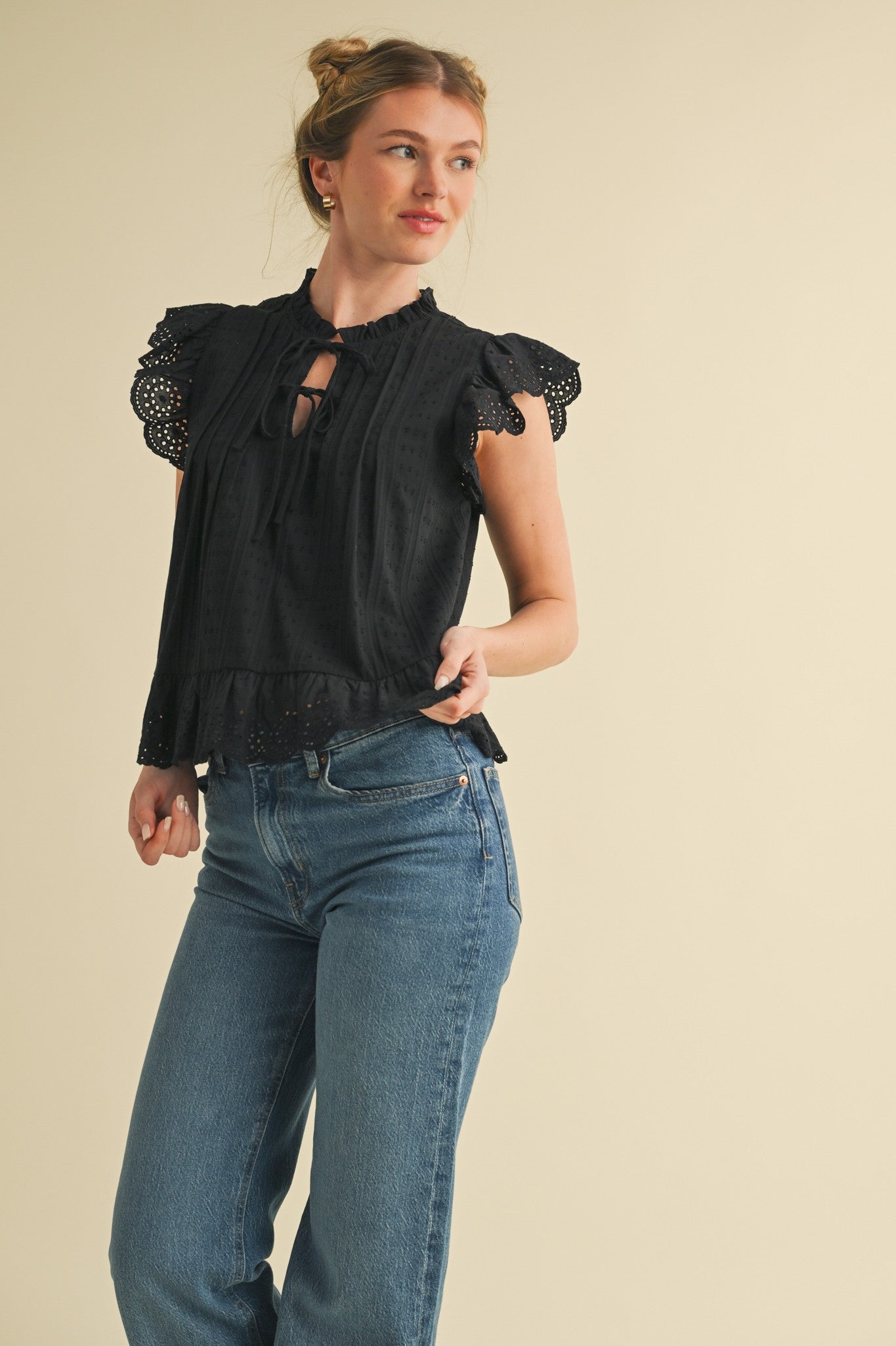 Black Eyelet Ruffle Blouse