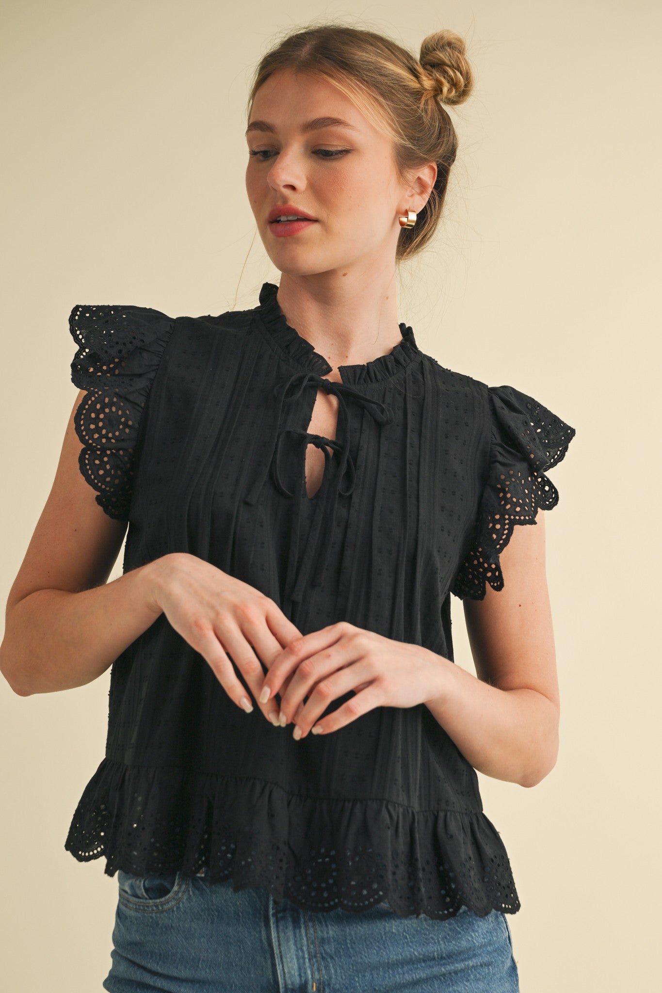 Black Eyelet Ruffle Blouse