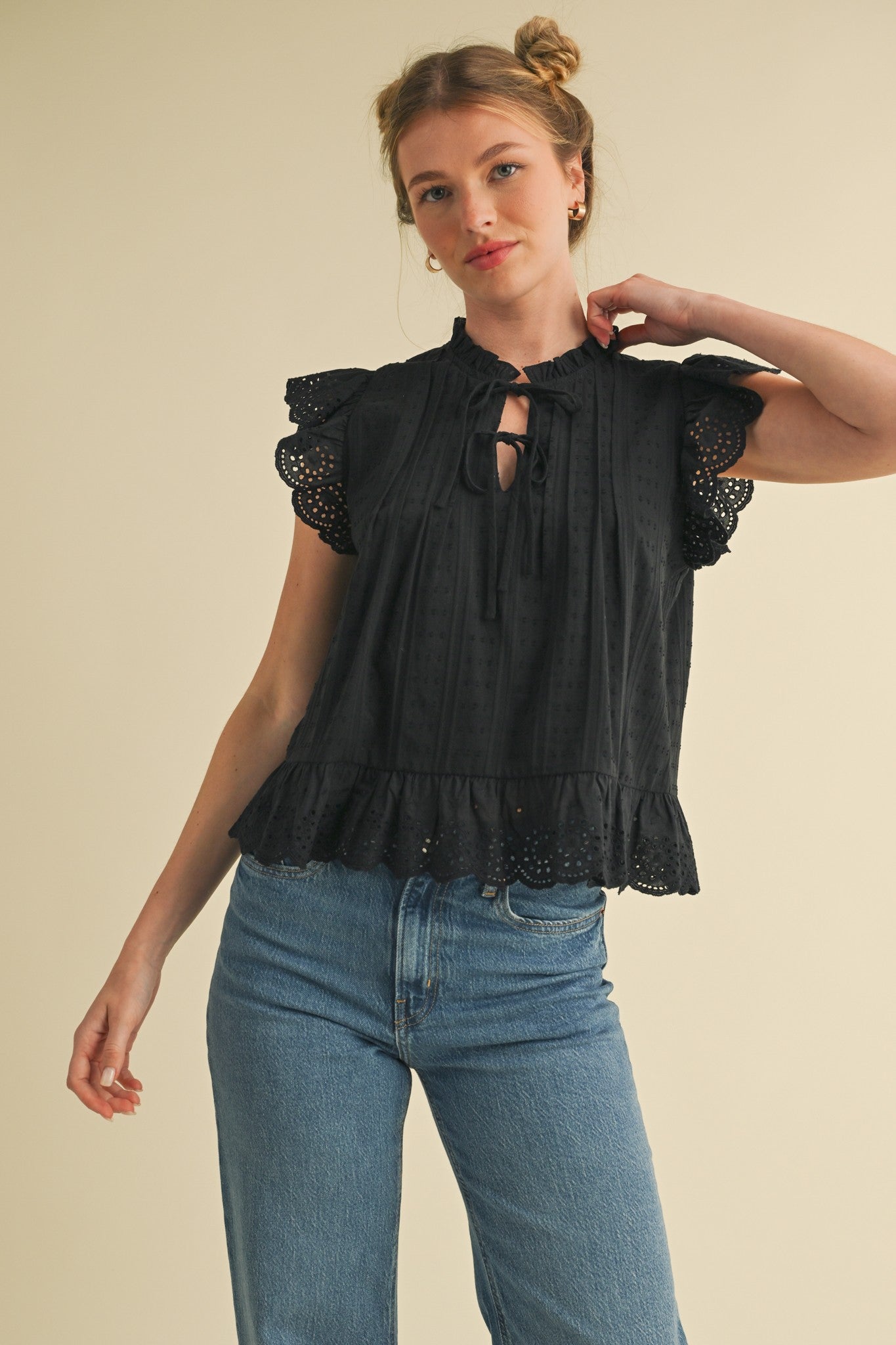 Black Eyelet Ruffle Blouse