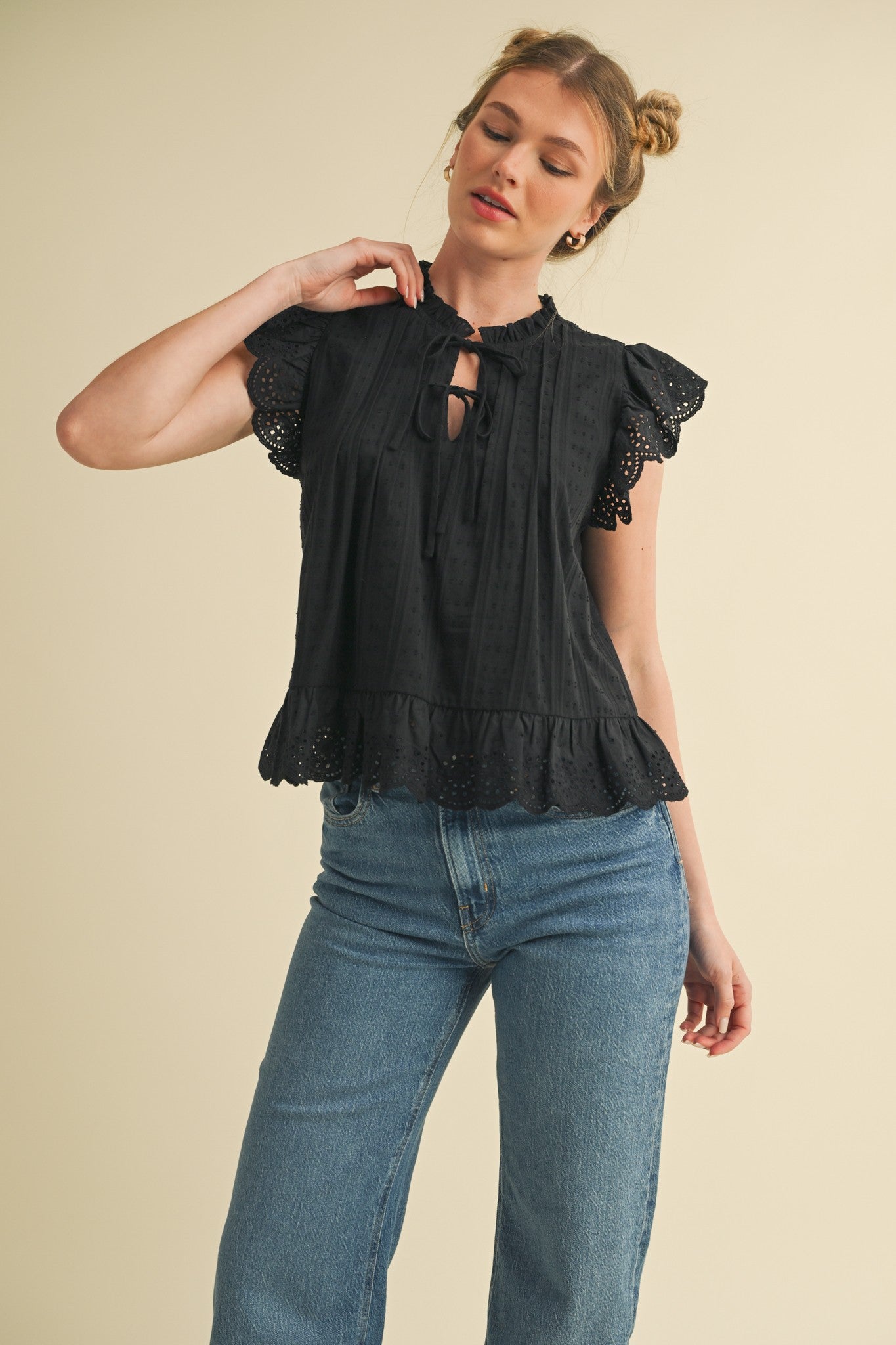 Black Eyelet Ruffle Blouse