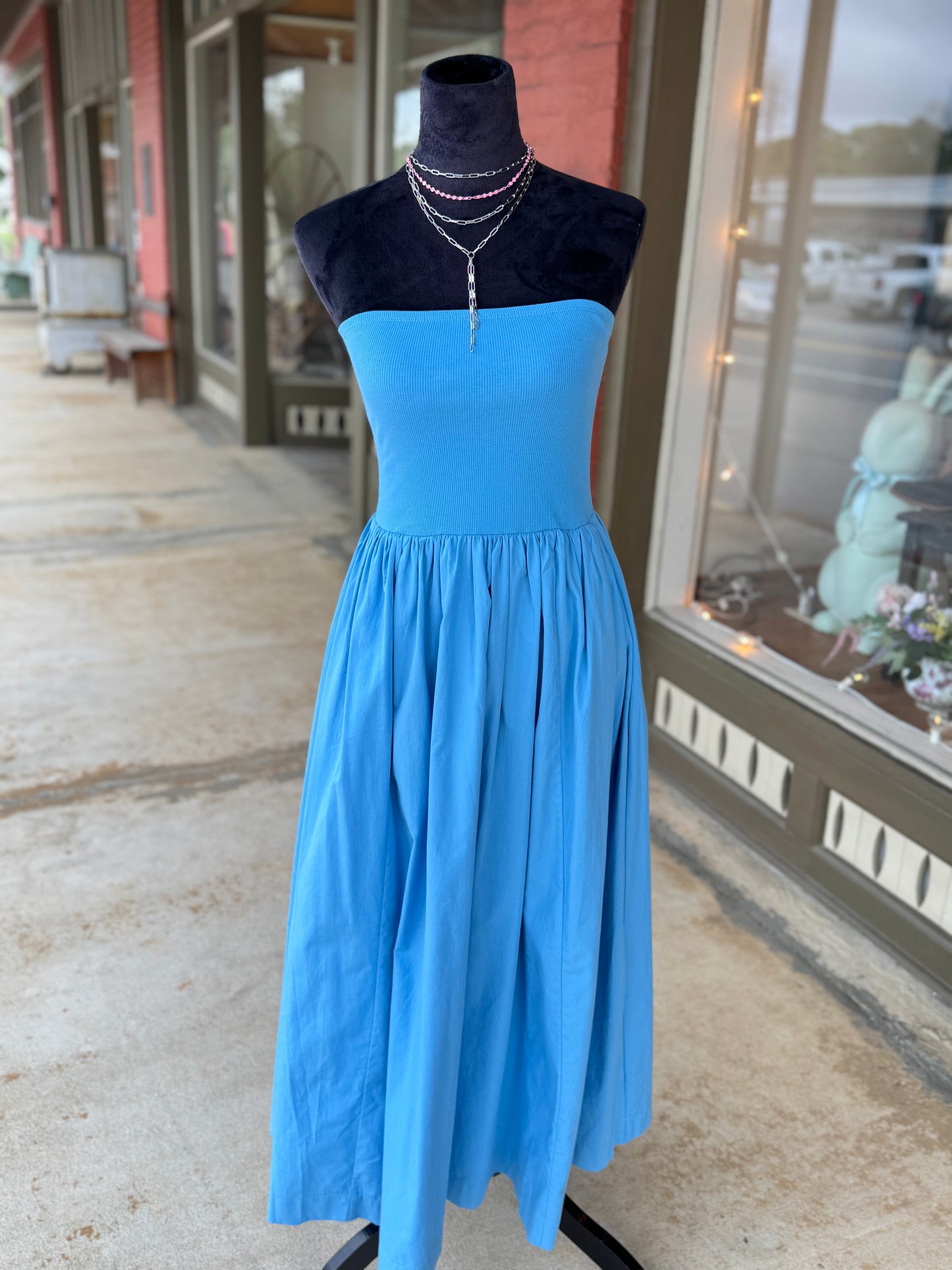 Blue Strapless Midi Dress