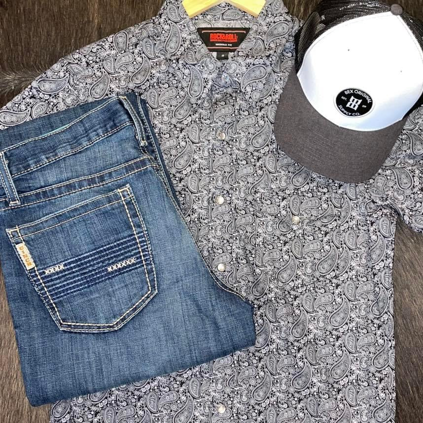 R&R Charcoal Paisley SS Pearl Snap Flex Tech