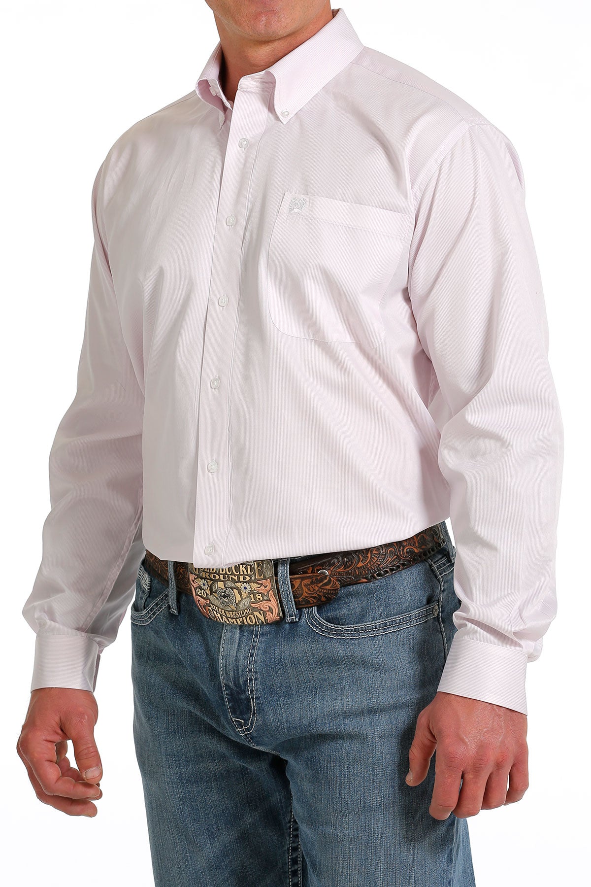 Camisa con botones de tencel a rayas pequeñas en color rosa con cincha