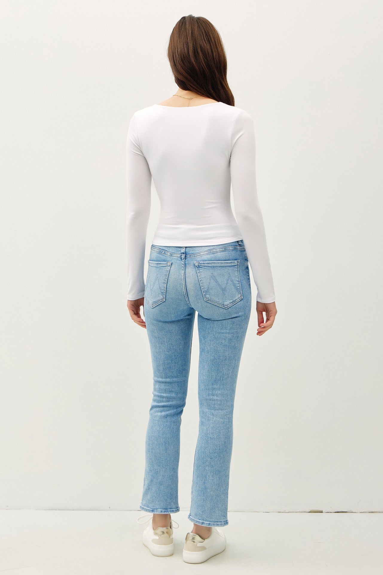 White Basic Square Neck Long Sleeve