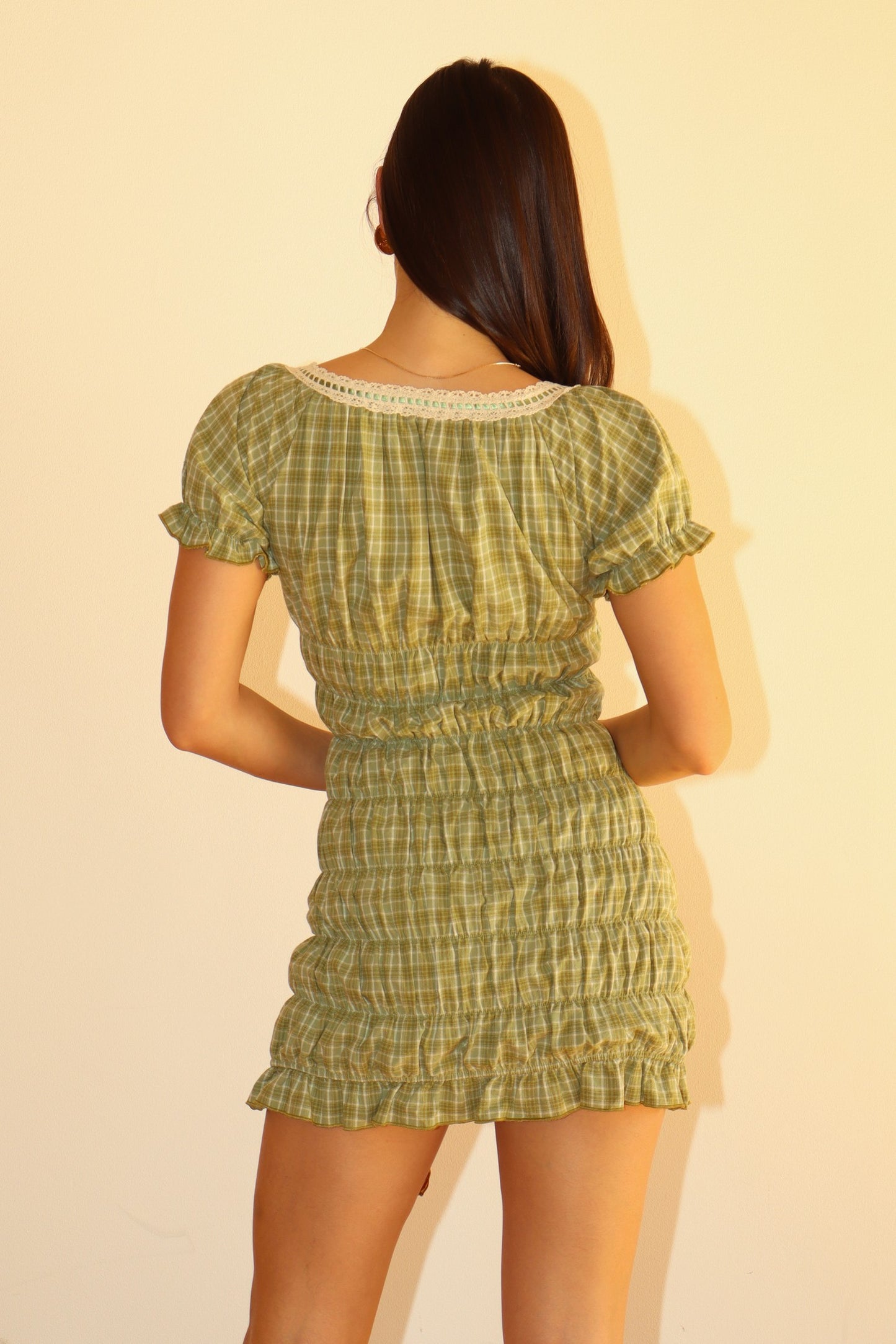 Green Plaid Gingham Mini Dress