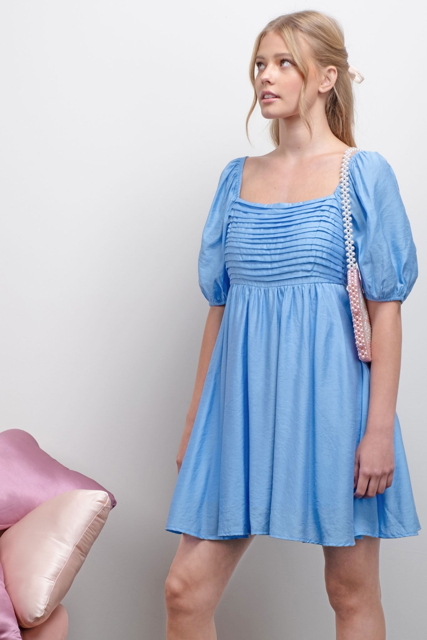 Aqua Pleated Puff Sleeve Mini Dress