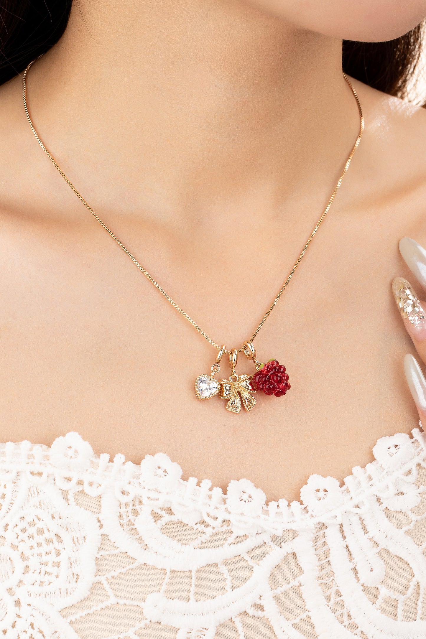 Heart Bow Berry Charm Necklace