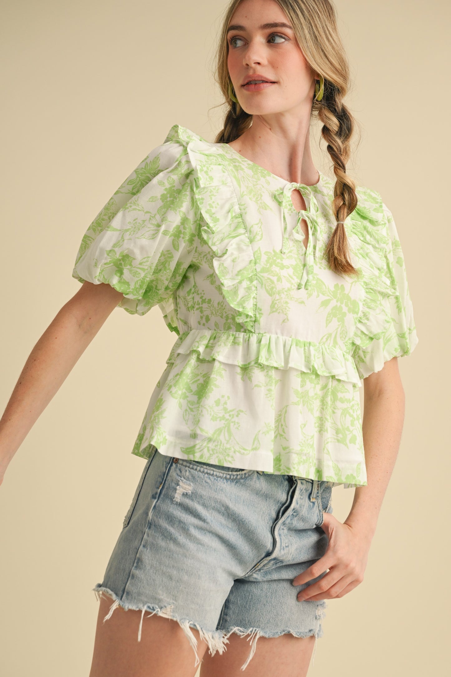 Lime Floral Ruffle Top