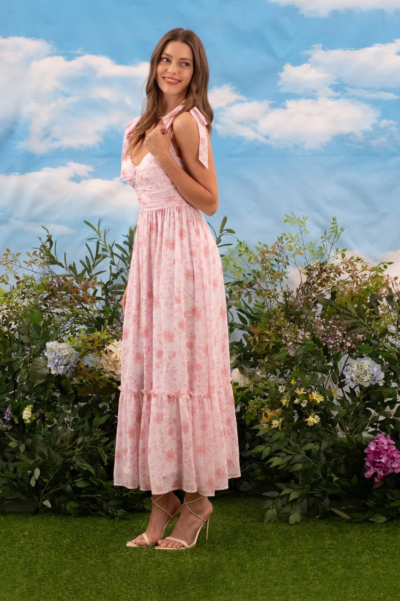 Pink Floral Sweetheart Midi Dress