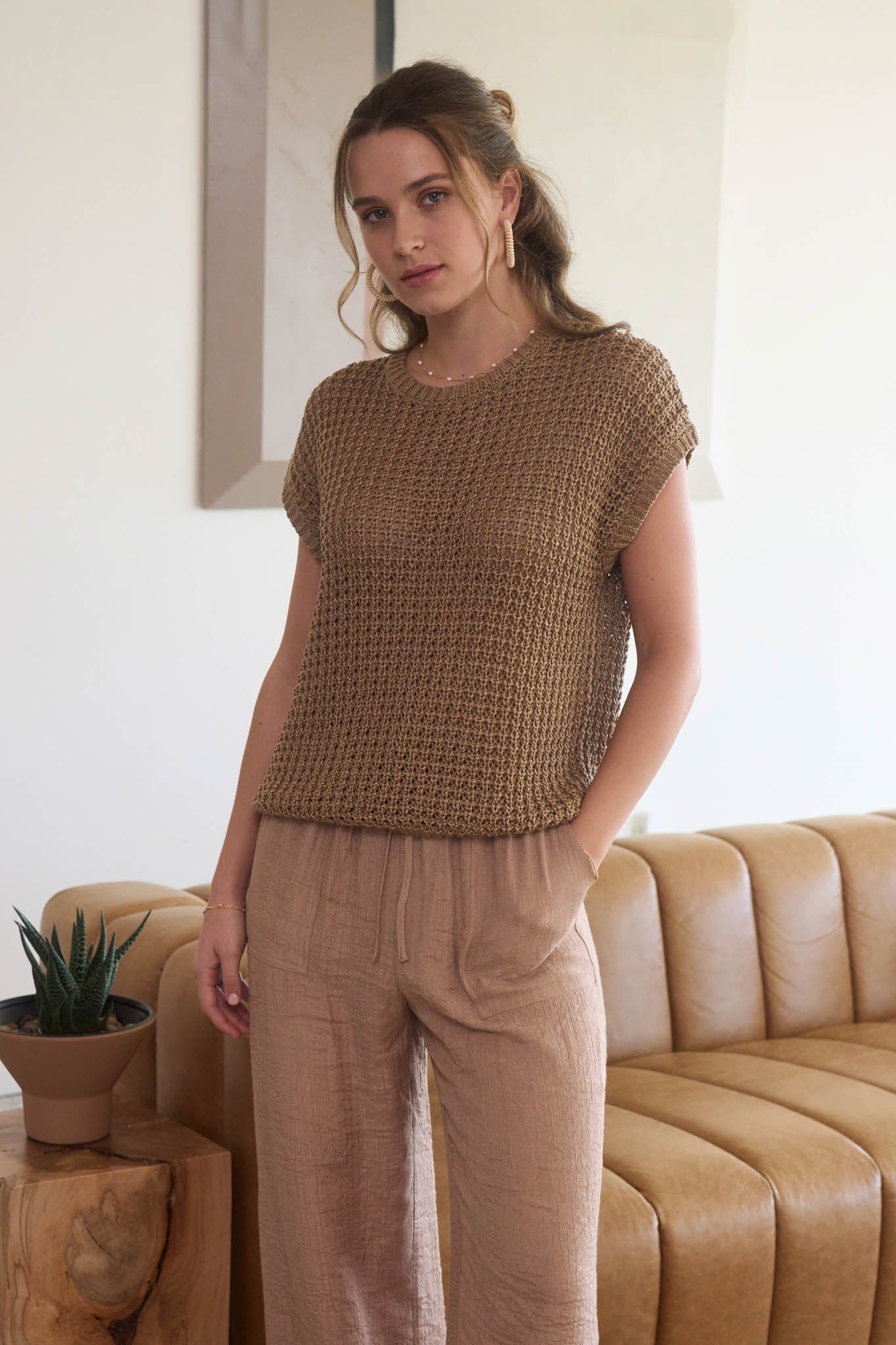 Tan Knit Short Sleeve Top