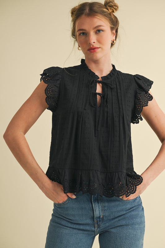 Black Eyelet Ruffle Blouse