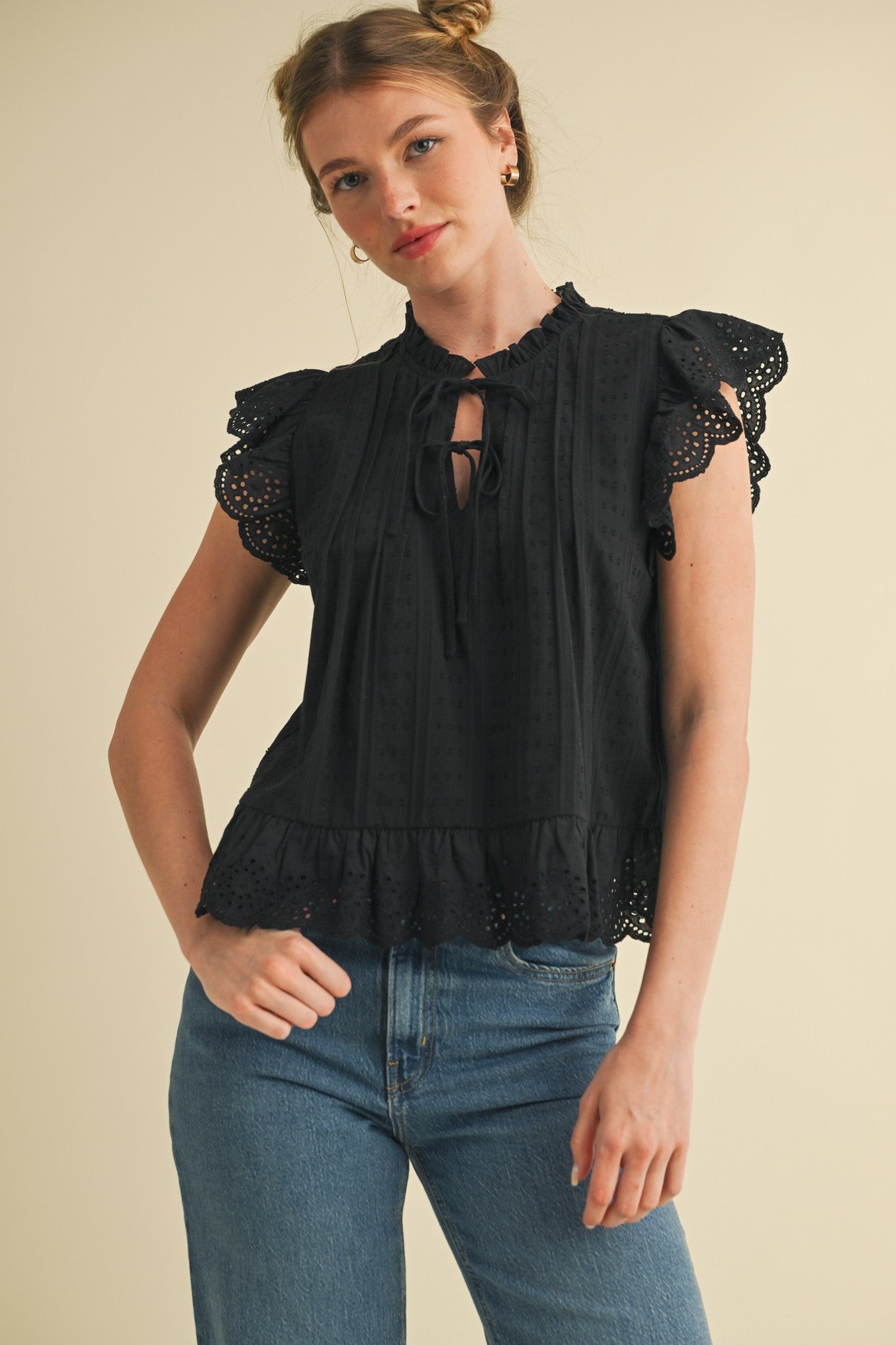 Black Eyelet Ruffle Blouse