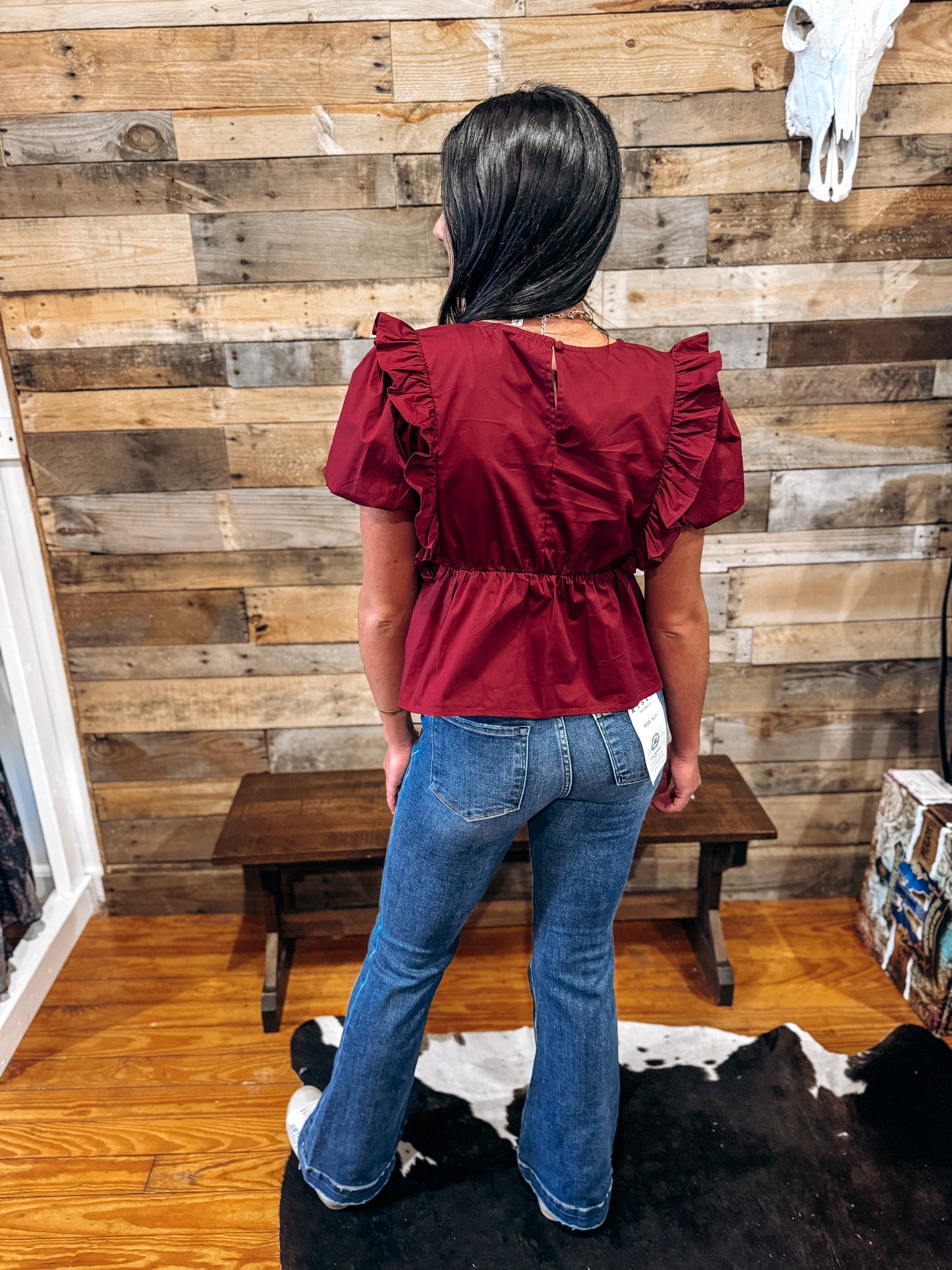 Maroon Peplum Ruffle Puff Sleeve