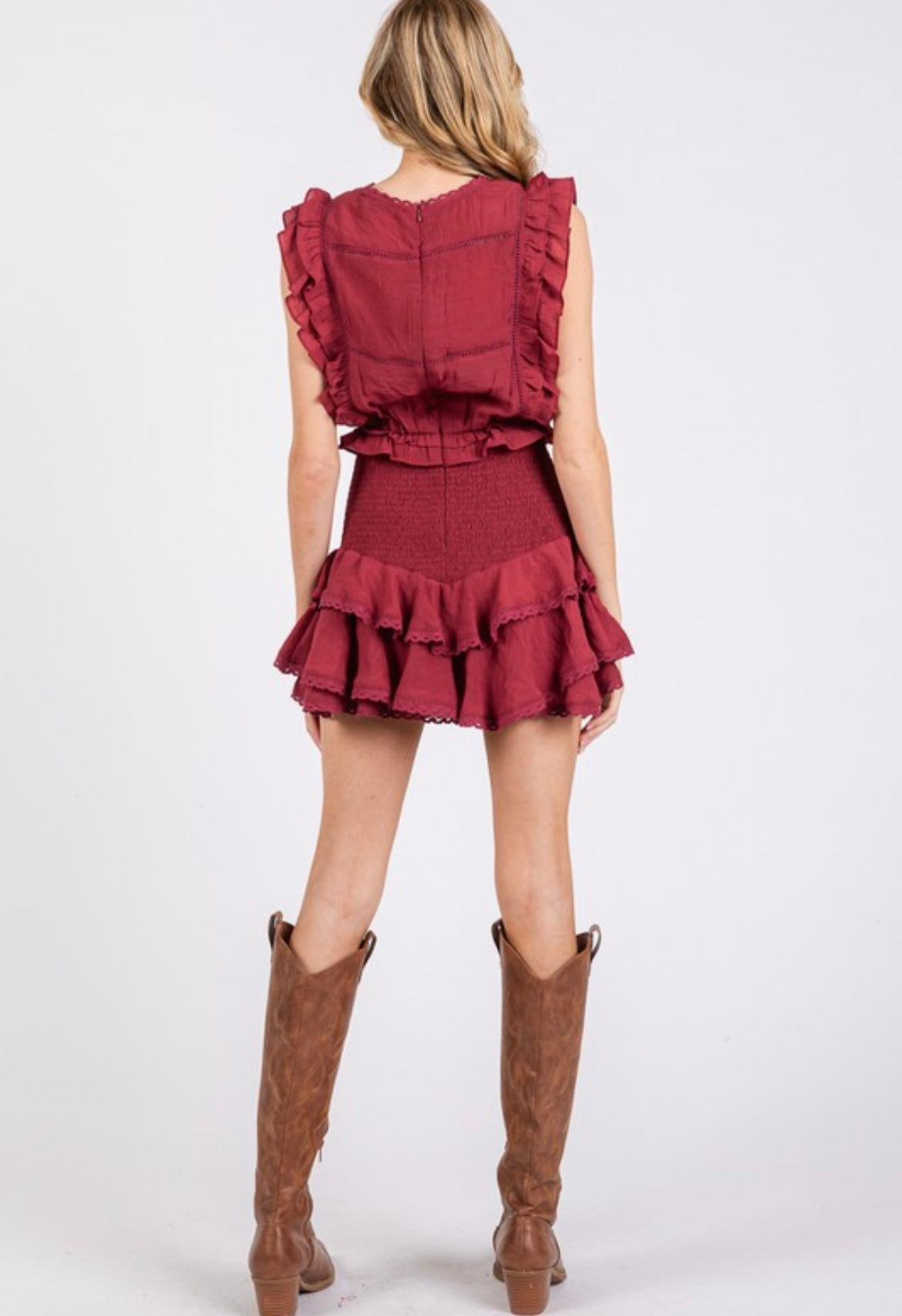 Wine Ruffle & Pleated Romper