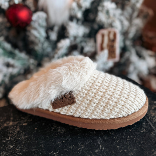 Cream Sweater Knit Fur Slippers