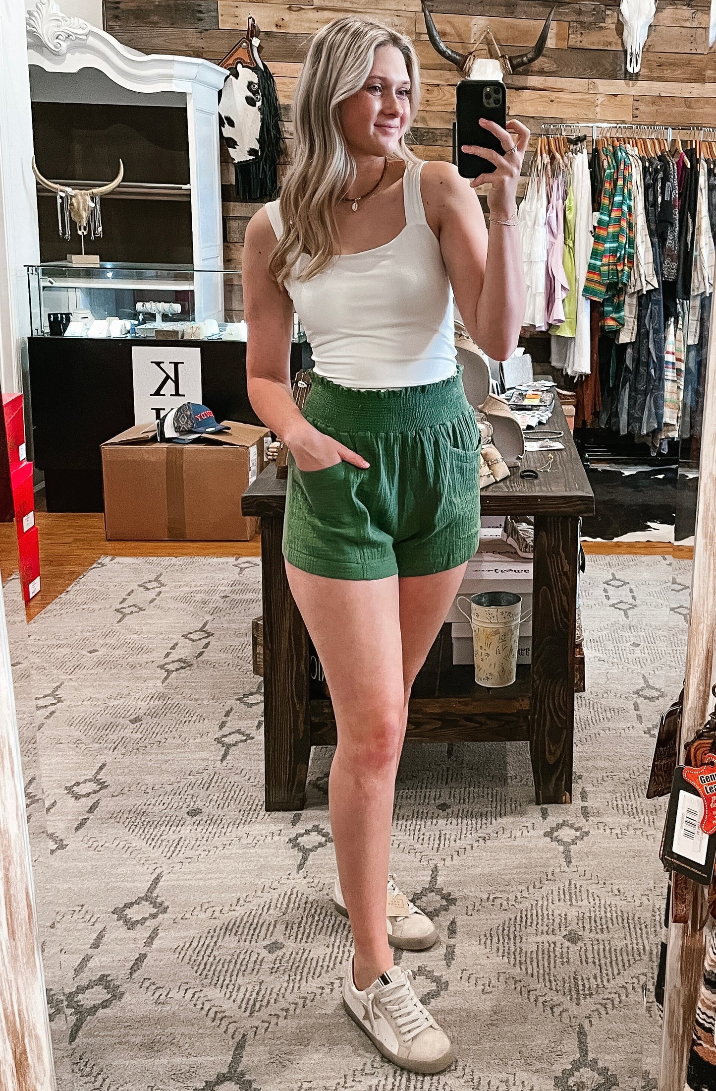 Green Gauze Smocked Shorts