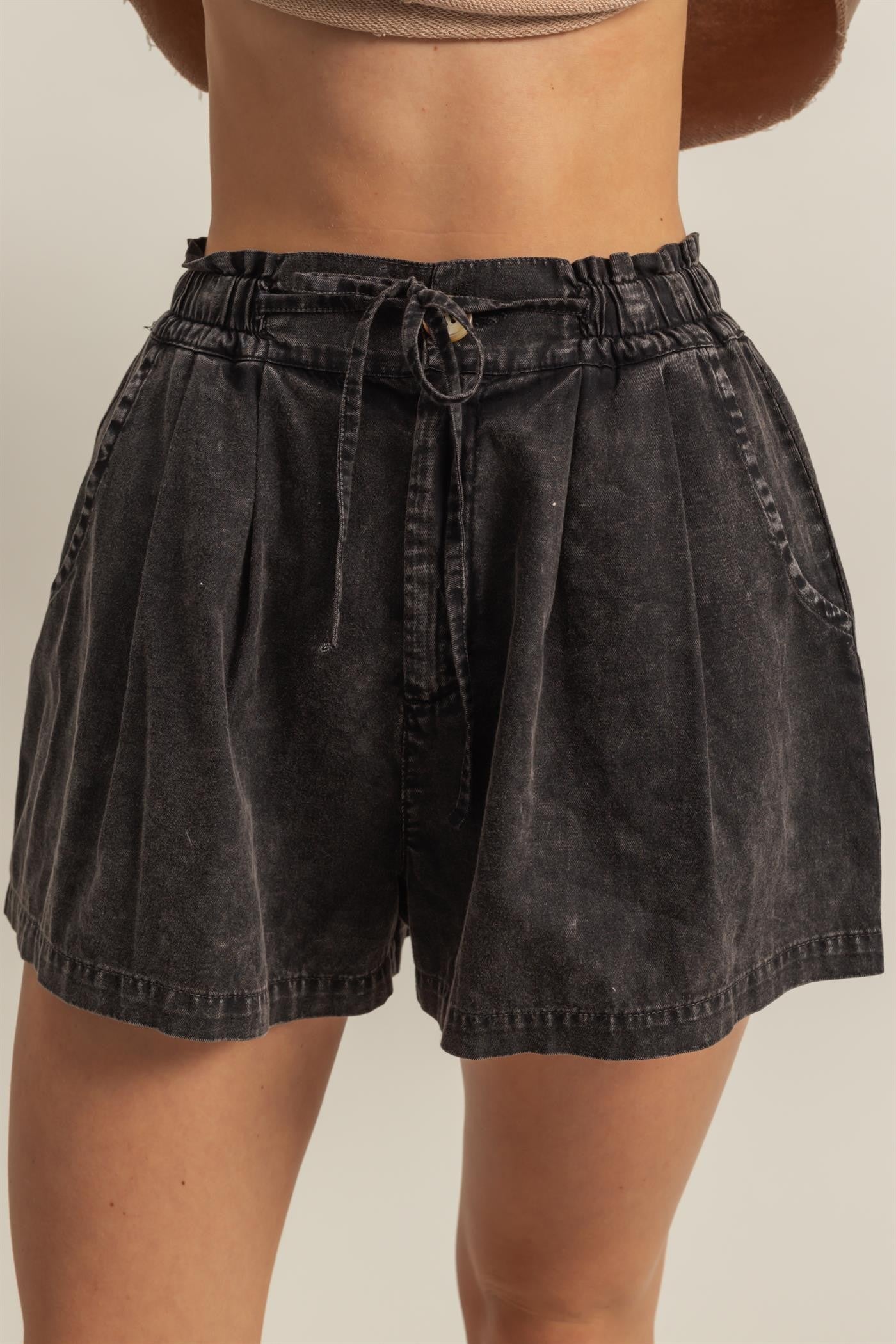 Washed Black Drawstring Shorts