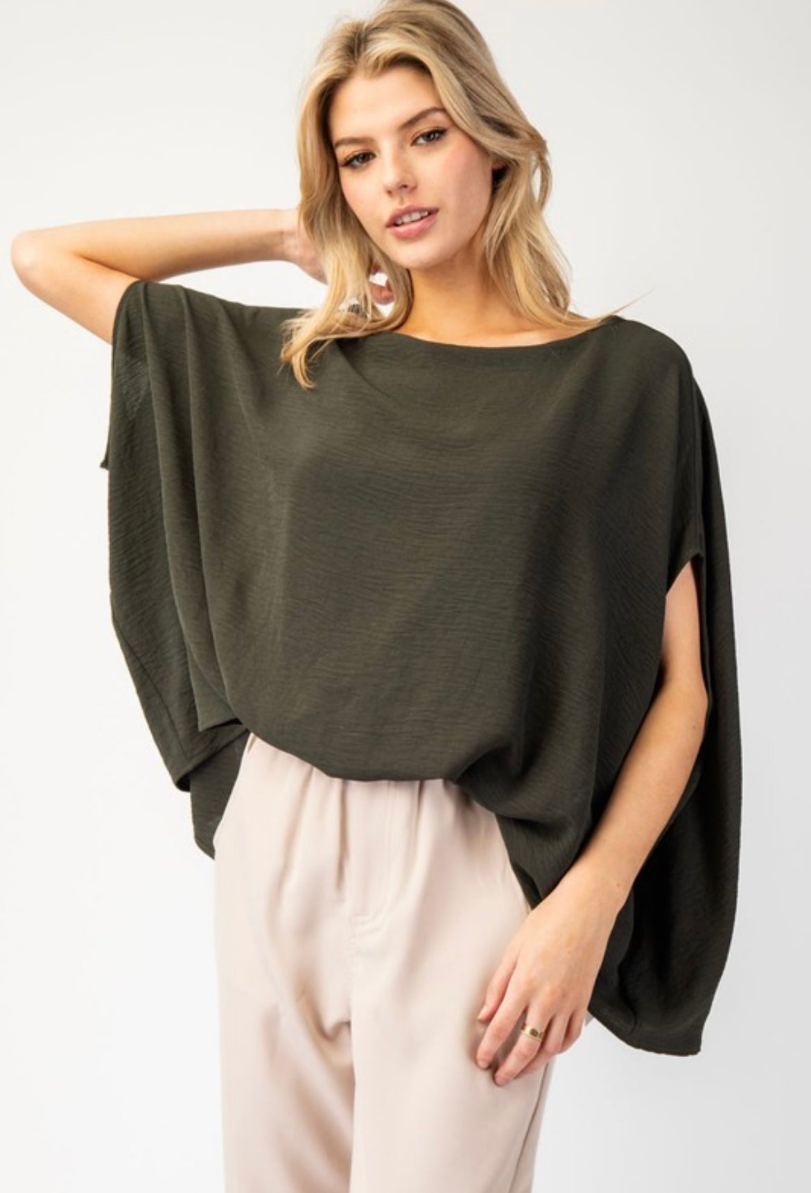 Olive Sleeveless Bat Wing Top