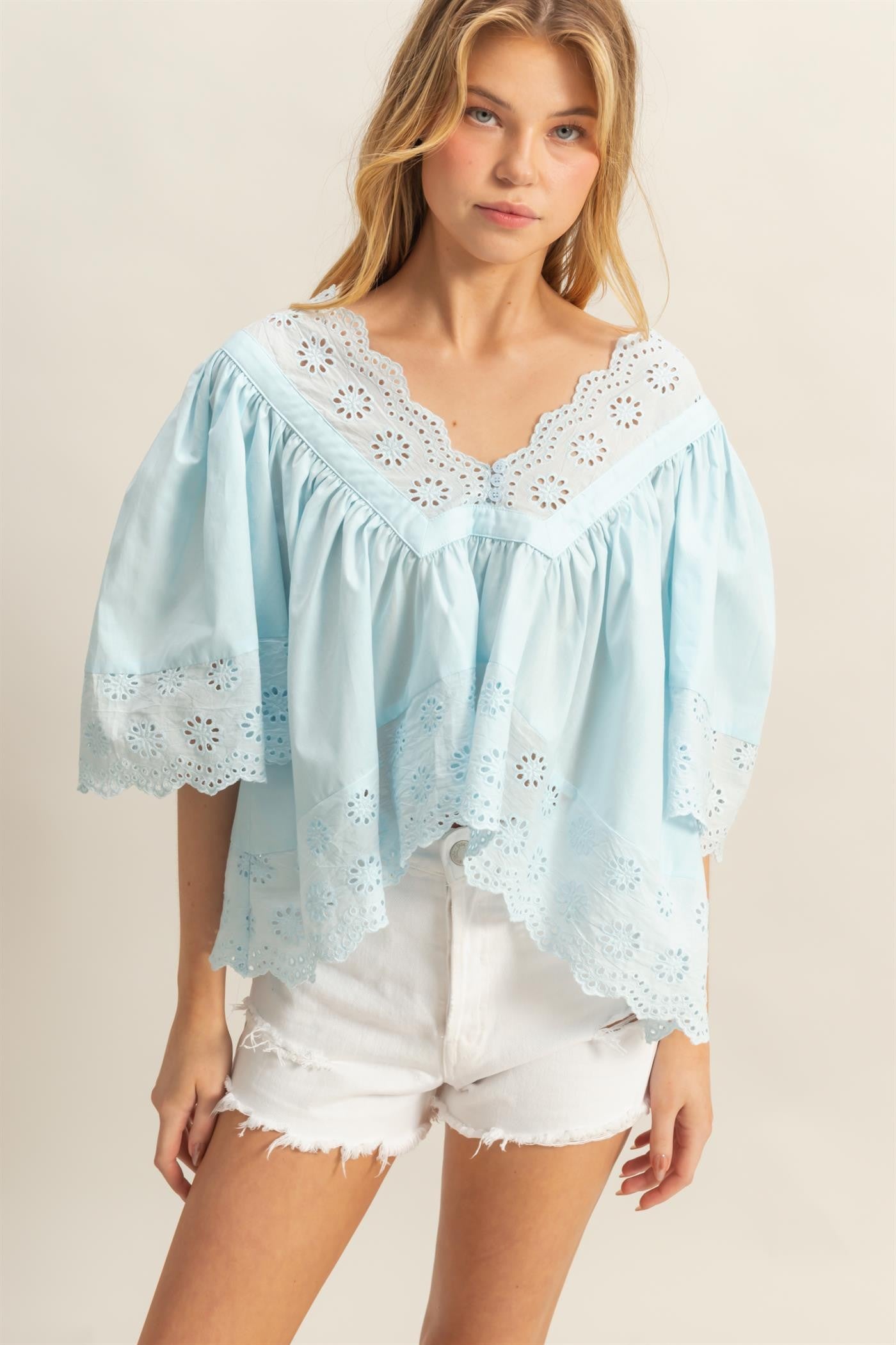 Light Blue Cotton Eyelet Top