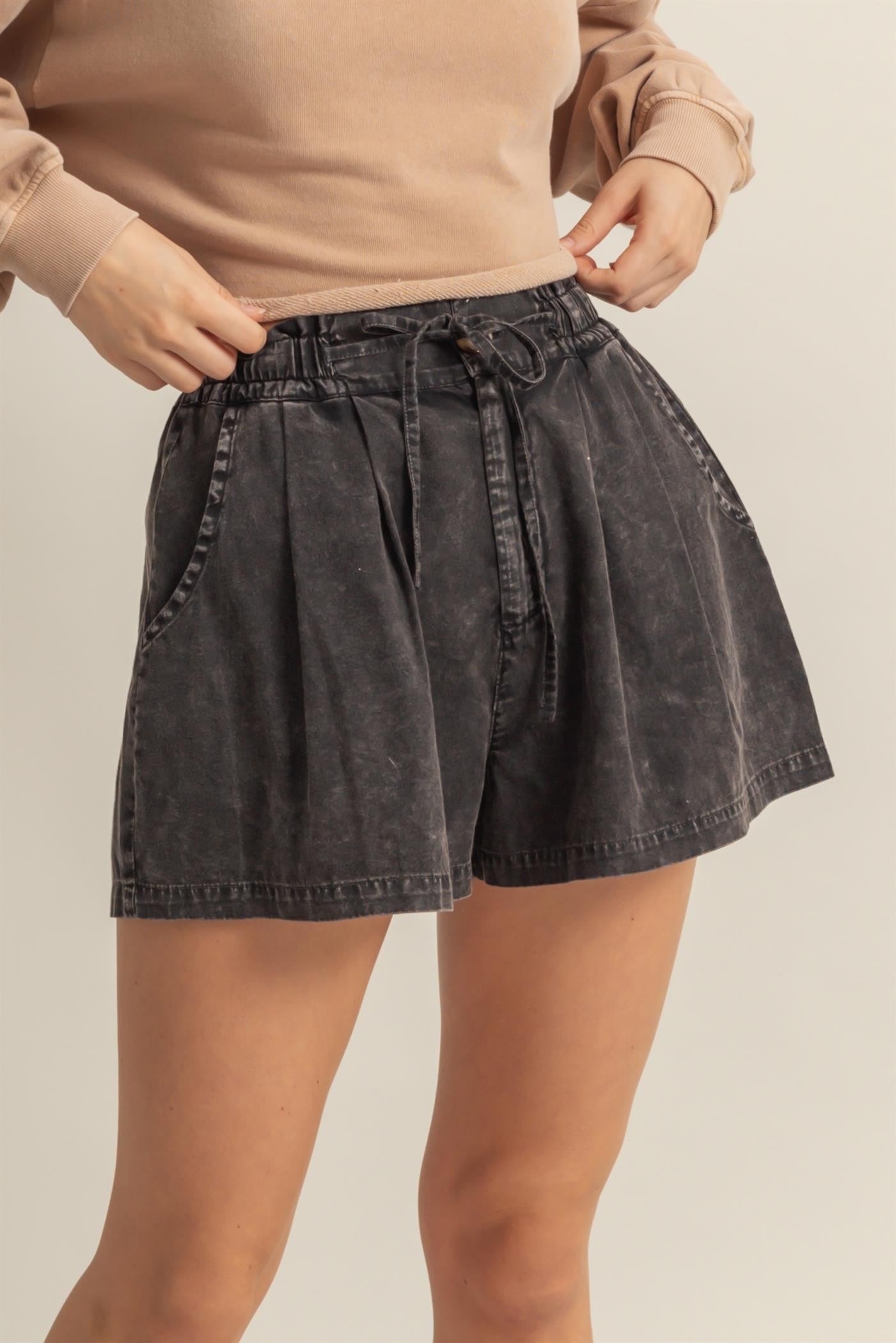 Washed Black Drawstring Shorts