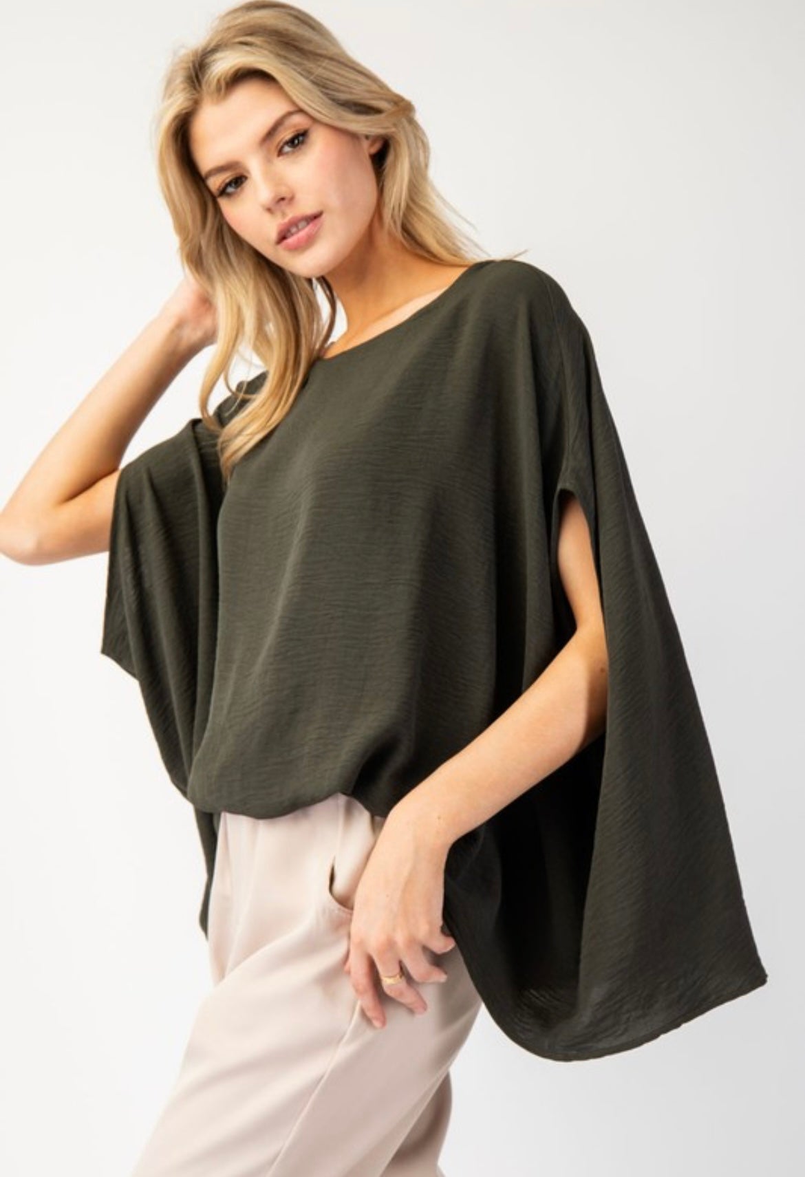 Olive Sleeveless Bat Wing Top