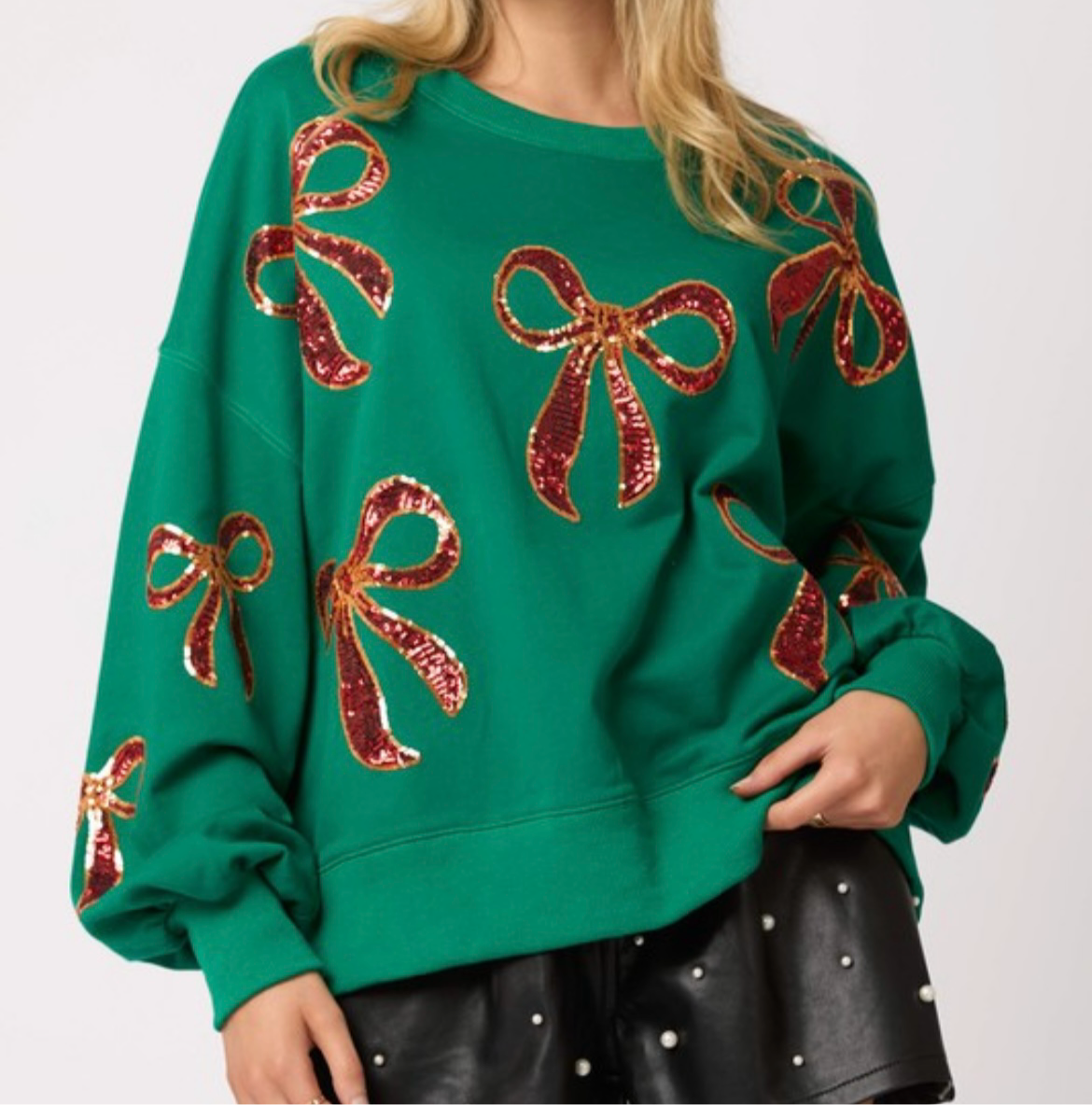 Green Sequin Red Bow Sweatshirt