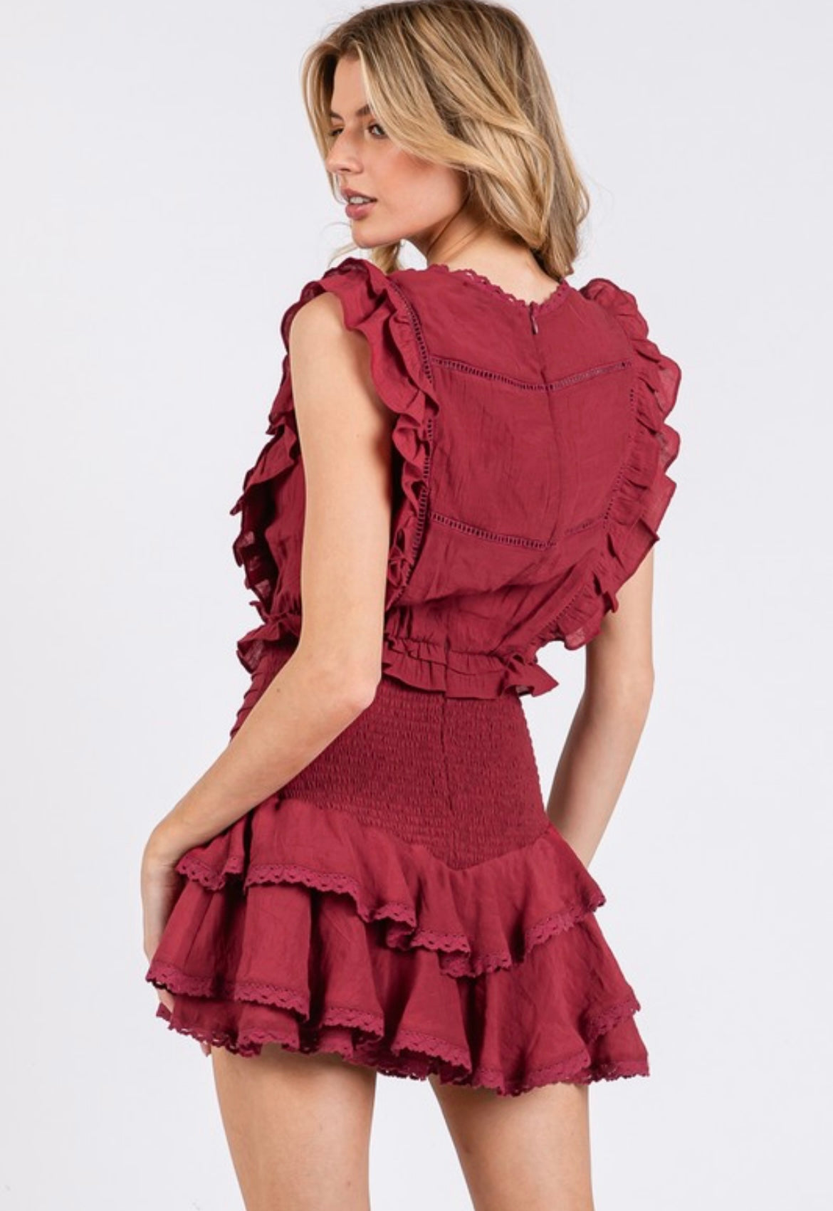 Wine Ruffle & Pleated Romper