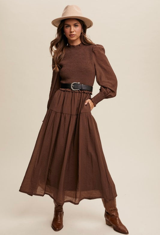 Mocha Smocked Midi Dress