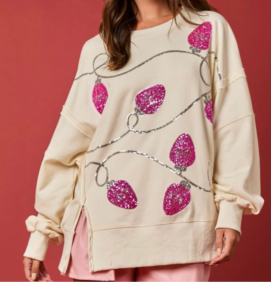 Pink Sequin Christmas Light Cream Sweatshirt