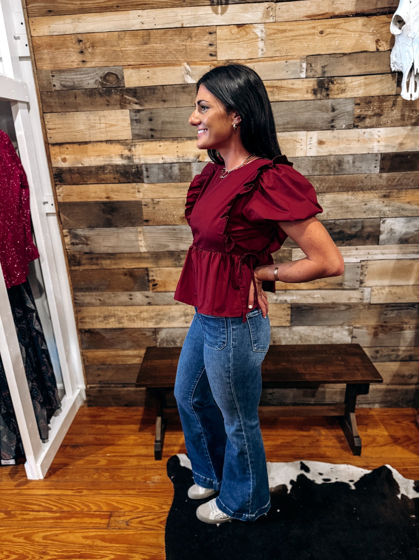 Maroon Peplum Ruffle Puff Sleeve