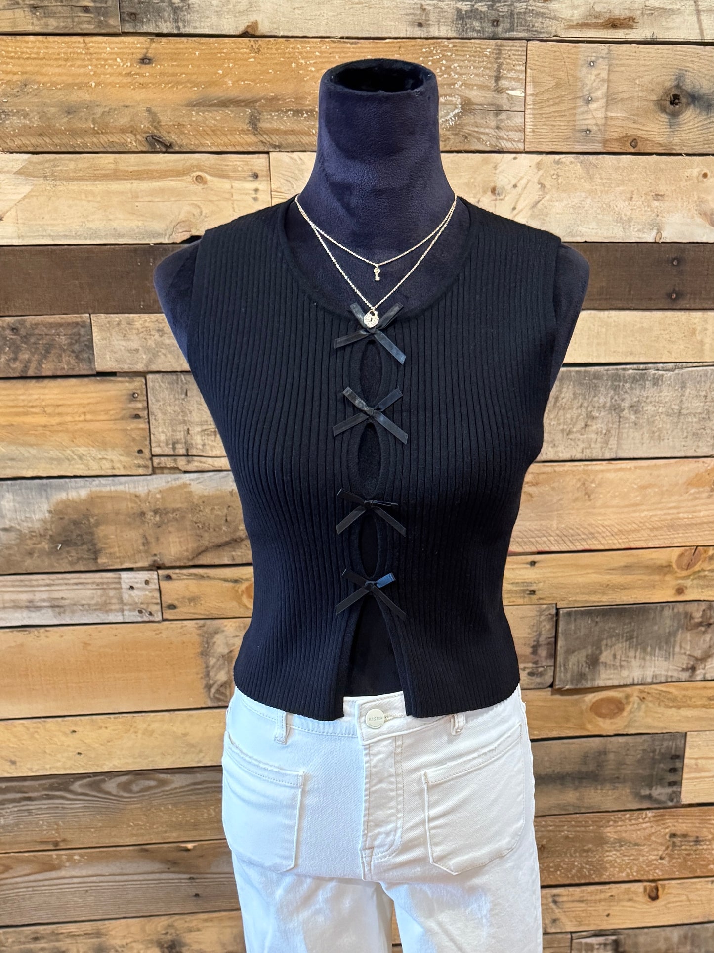 Black Bow Sleeveless Knit Top