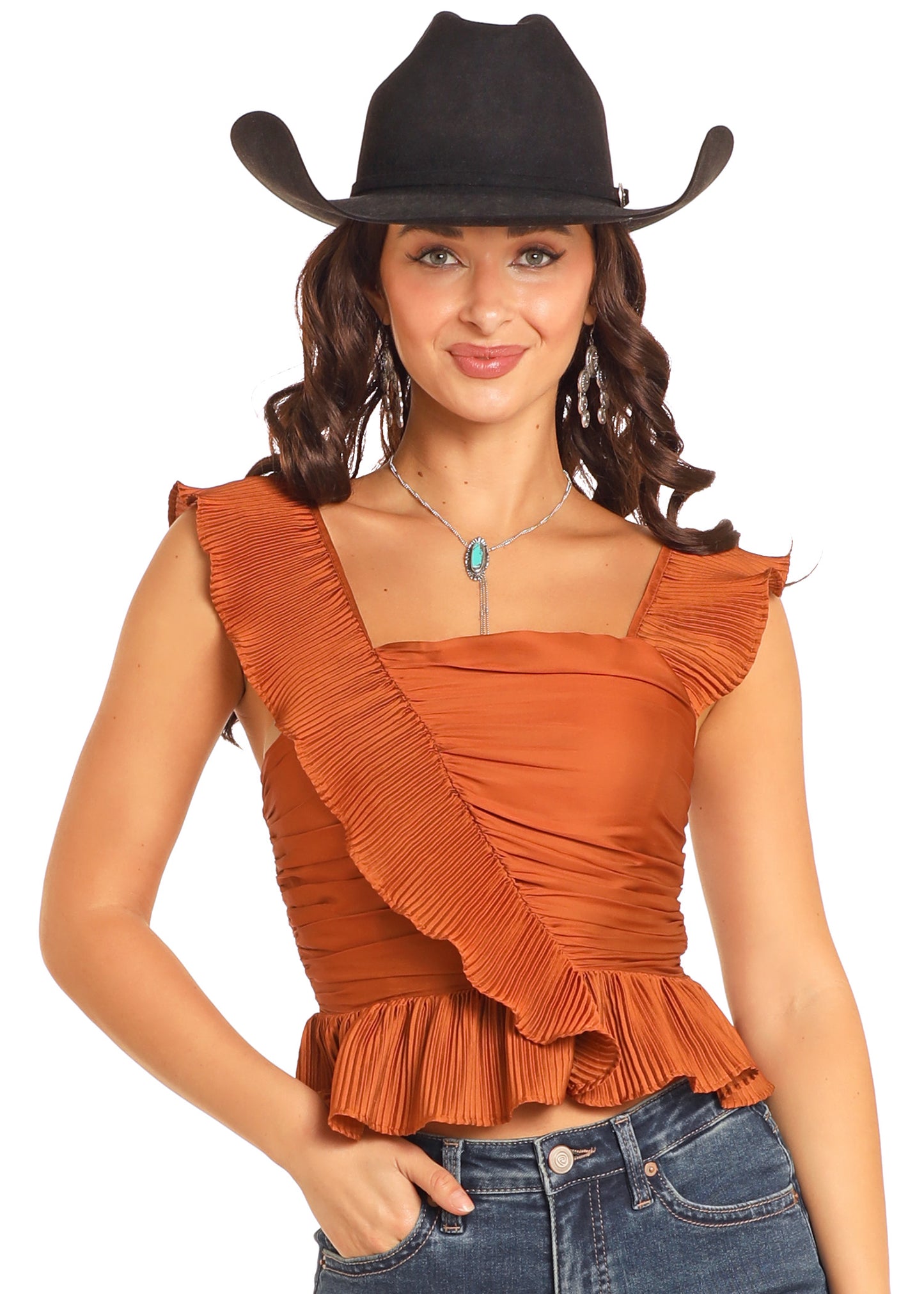 Rust Ruched Ruffle Top