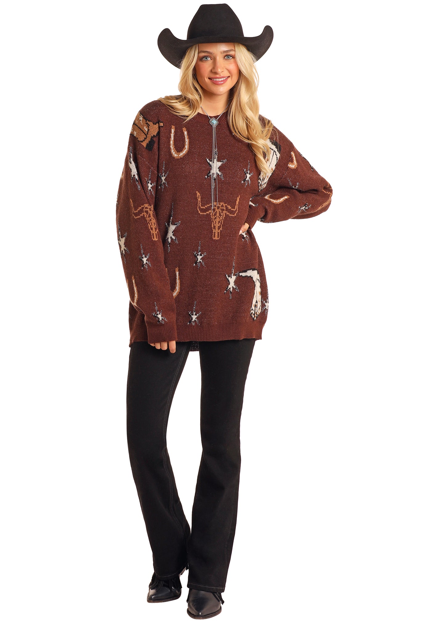 Chocolate Western Print Sweater