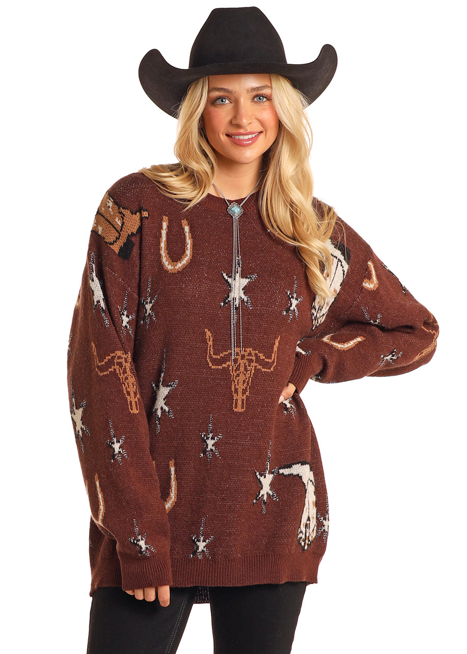 Chocolate Western Print Sweater