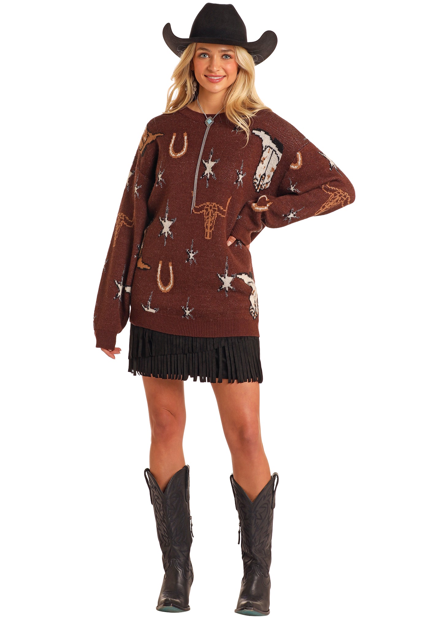 Chocolate Western Print Sweater