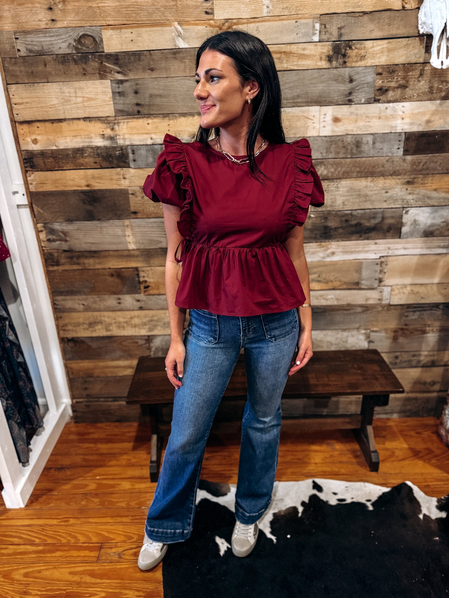 Maroon Peplum Ruffle Puff Sleeve