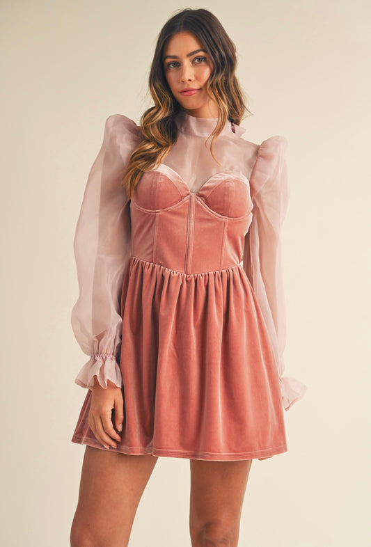 Vestido de manga de organza de terciopelo rosa