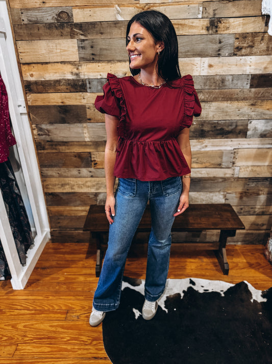 Maroon Peplum Ruffle Puff Sleeve