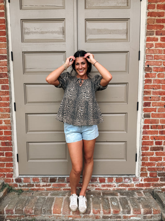 Cheetah Denim Peplum Top