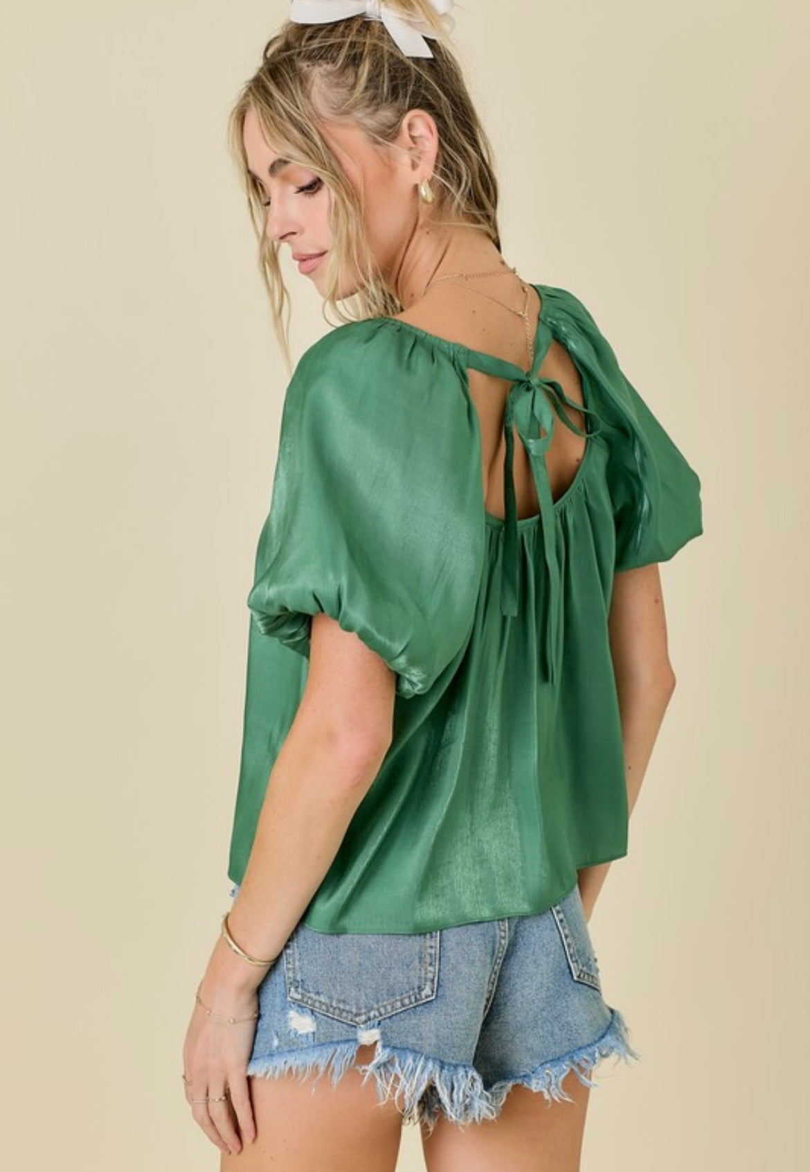 Green Shimmer Bubble Sleeve Top