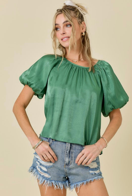 Green Shimmer Bubble Sleeve Top