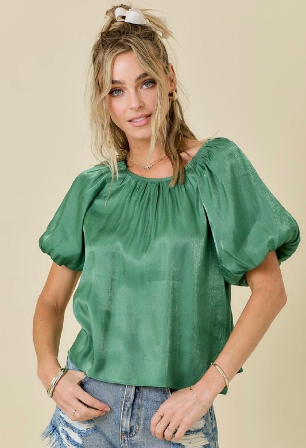 Green Shimmer Bubble Sleeve Top