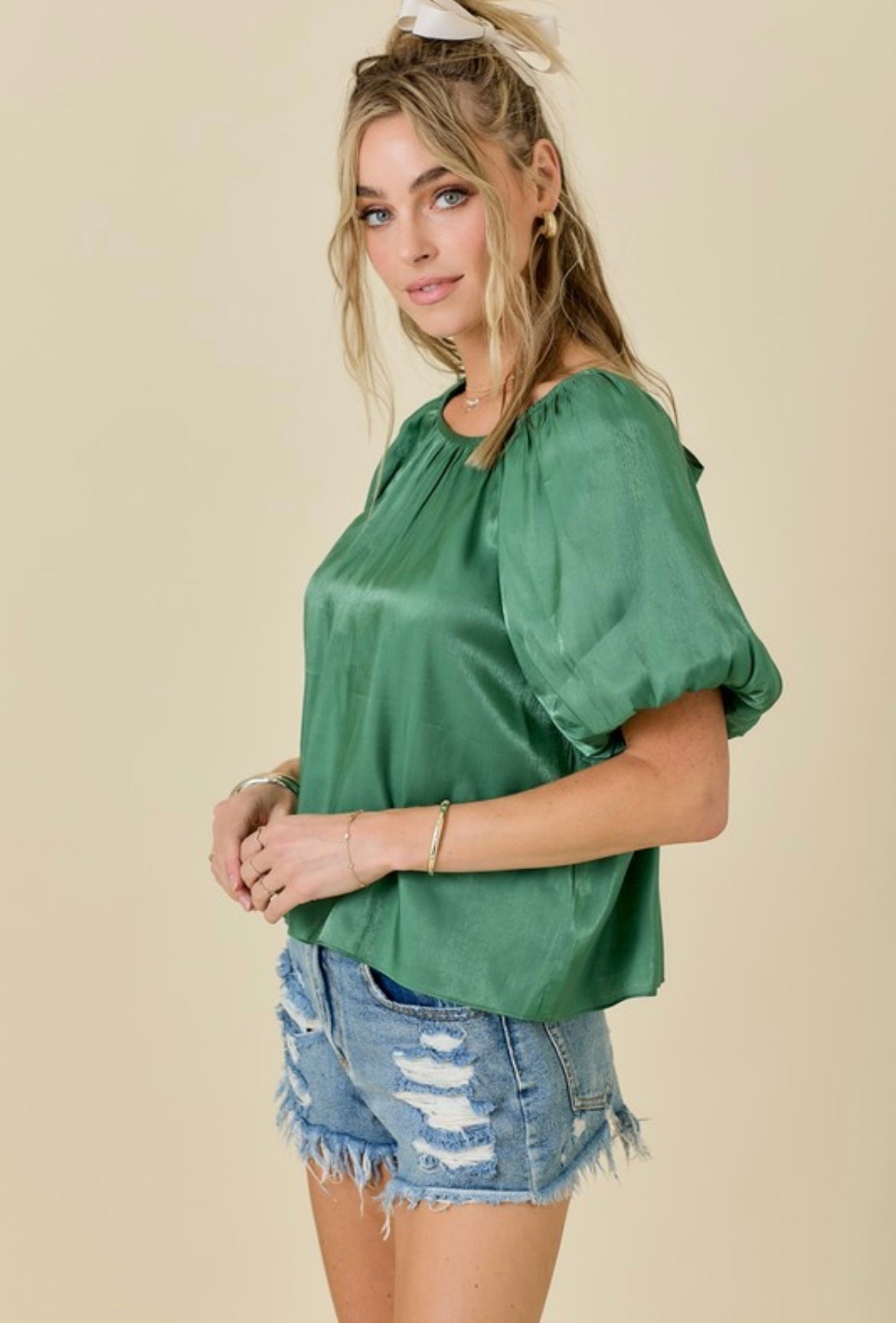 Green Shimmer Bubble Sleeve Top