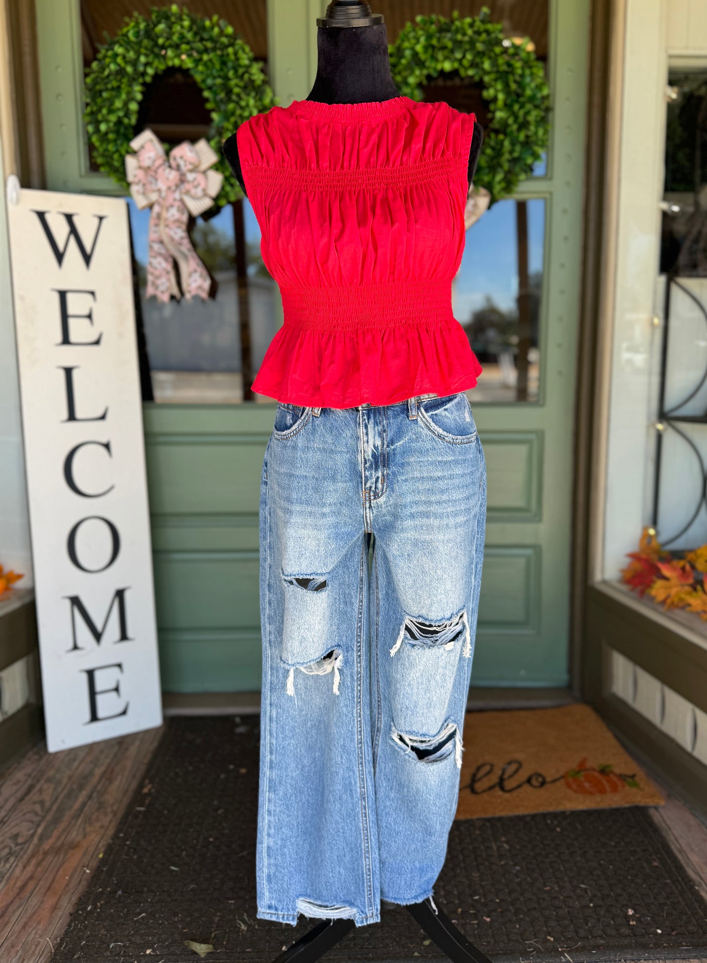 Red Sleeveless Smocking Top